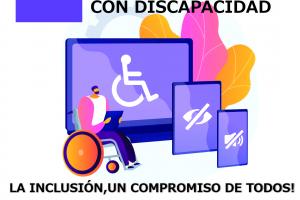 imagen de una persona en silla de ruedas e iconos de otras discapacidades 